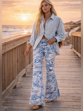 Wrangler x Free People Wanderer 622 Nautical Print Hi-Rise Flare Jeans~Size 31